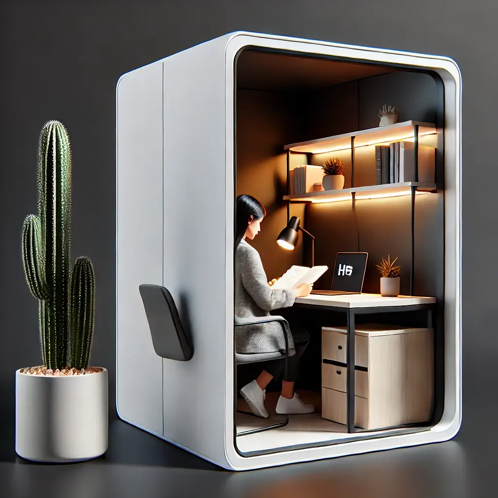 DALL·E 2024-09-09 14.39.37 - A modern image of a woman sitting inside a small white office booth with a dark interior, working or reading at a desk. The booth has a clean, minimal (1)